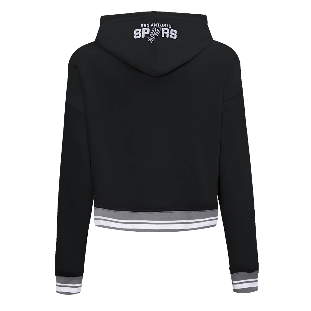 NBA SAN ANTONIO SPURS SCRIPT TAIL WOMEN'S RIB FLEECE CROPPED PULLOVER HOODIE (BLACK/GRAY) - Image 3