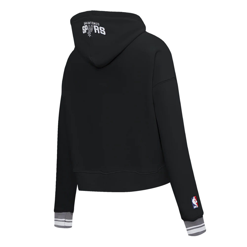 NBA SAN ANTONIO SPURS SCRIPT TAIL WOMEN'S RIB FLEECE CROPPED PULLOVER HOODIE (BLACK/GRAY) - Image 4