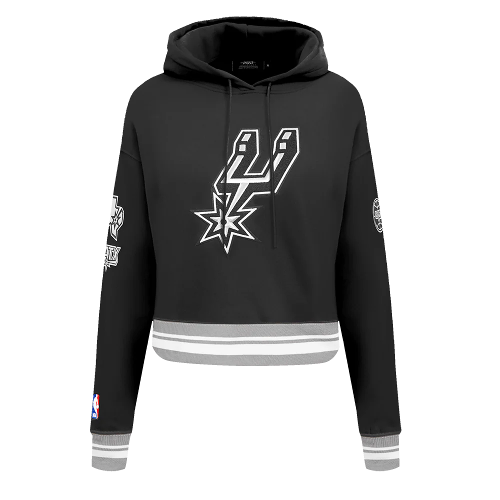 NBA SAN ANTONIO SPURS RETRO CLASSIC WOMEN'S RIB CROPPED PULLOVER HOODIE (BLACK/GRAY)