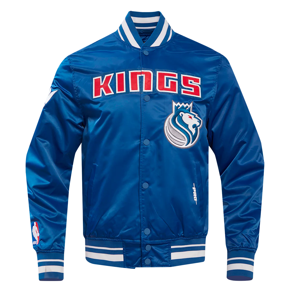 NBA SACRAMENTO KINGS CHEST 100 YRS OF ROYALTY MEN'S RIB SATIN JACKET (DODGER BLUE)
