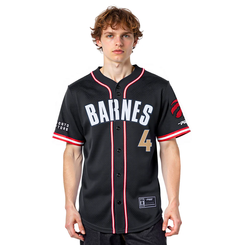NBA TORONTO RAPTORS SCOTTIE BARNES #4 CLASSIC MESH PNN MEN'S MESH BUTTON DOWN SHIRT (BLACK/RED)