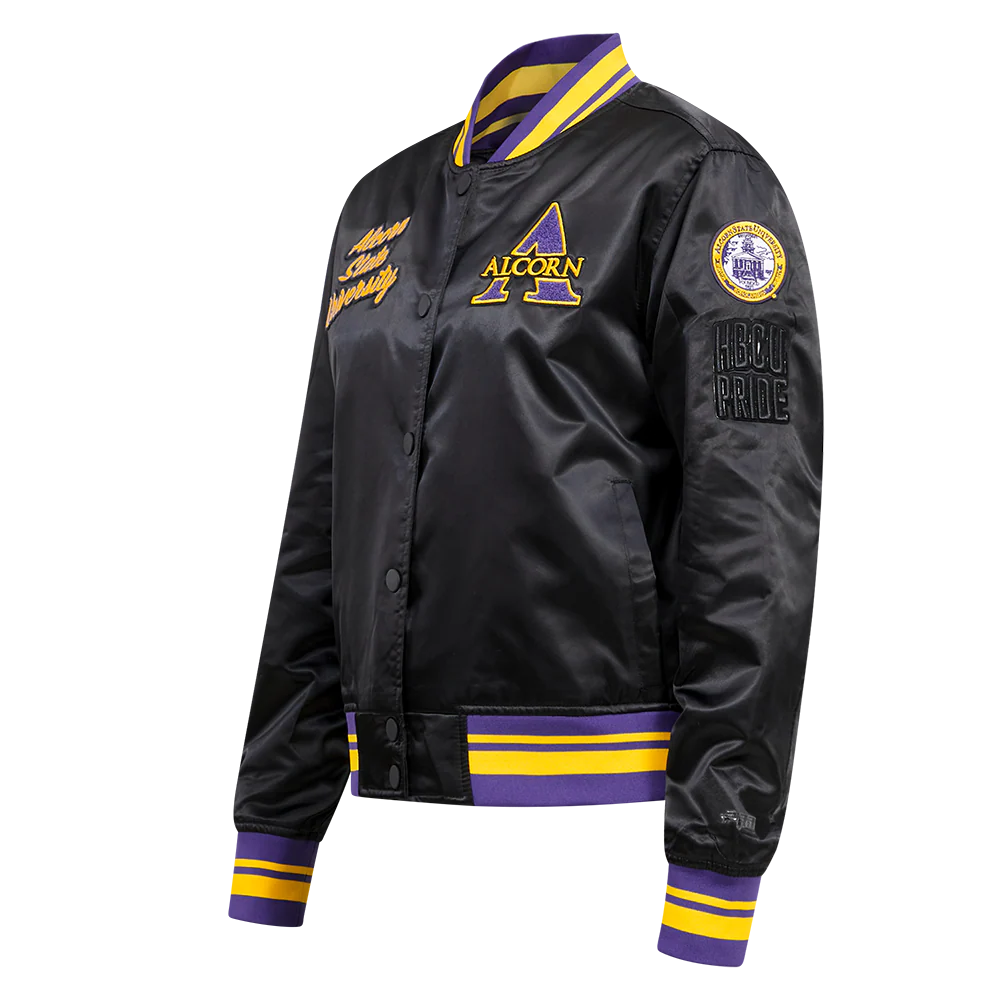 COLLEGE ALCORN STATE UNIVERSITY CLASSIC WOMEN'S RIB SATIN JACKET (BLACK/PURPLE) - Image 2