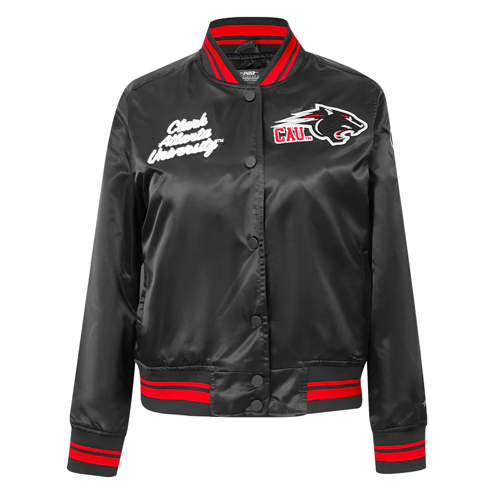 COLLEGE CLARK ATLANTA UNIVERSITY CLASSIC WOMEN'S RIB SATIN JACKET (BLACK/RED/BLACK)