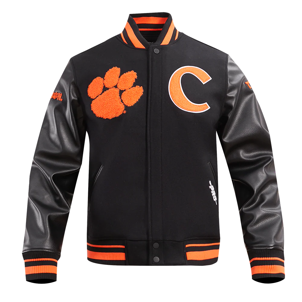 CLEMSON UNIVERSITY CLASSIC RIB WOOL VARSITY JACKET (BLACK/ORANGE)