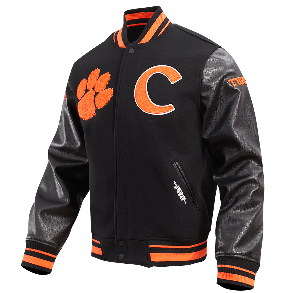 CLEMSON UNIVERSITY CLASSIC RIB WOOL VARSITY JACKET (BLACK/ORANGE) - Image 2