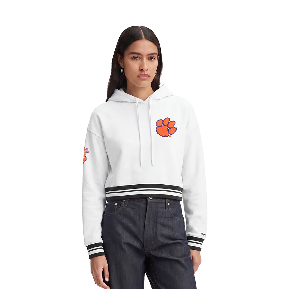 COLLEGE CLEMSON UNIVERSITY CLASSIC WOMEN'S RIB FLC CROPPED PO HOODIE (WHITE/BLACK)
