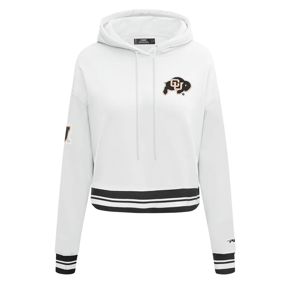UNIVERSITY OF COLORADO CLASSIC W RIB FLEECE CROPPED PULLOVER HOODIE (WHITE/BLACK)