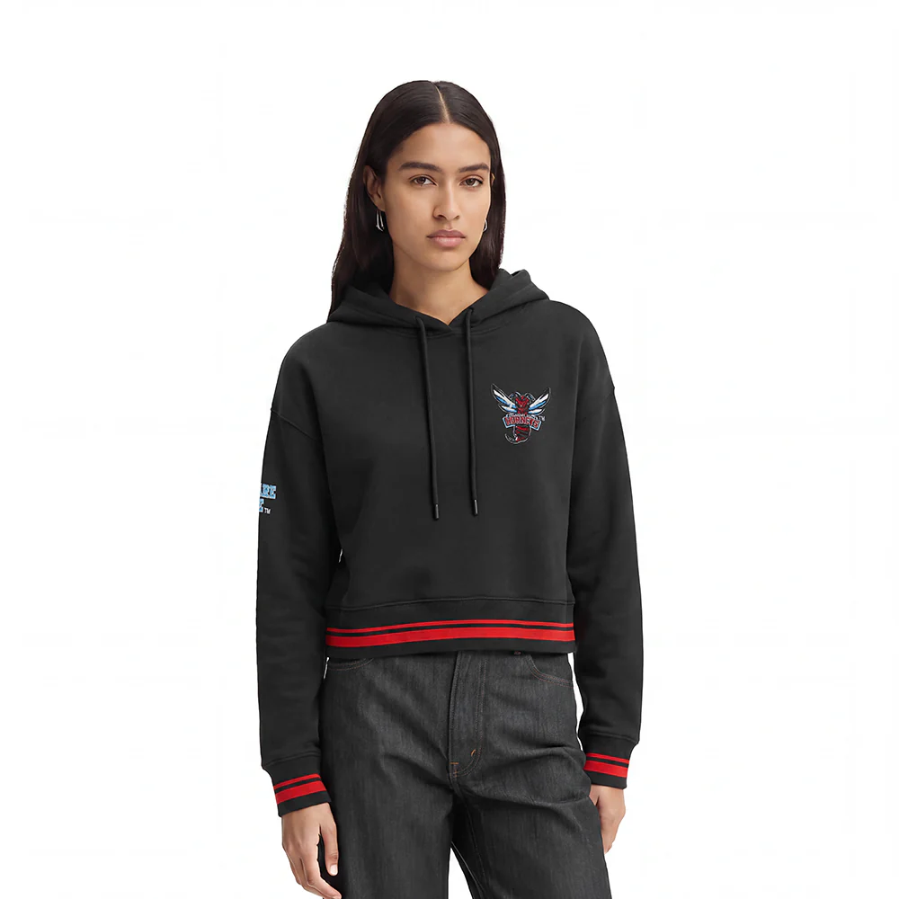 COLLEGE DELAWARE STATE UNIVERSITY CLASSIC WOMEN'S RIB FLC CROPPED PO HOODI (BLACK/RED/BLACK)