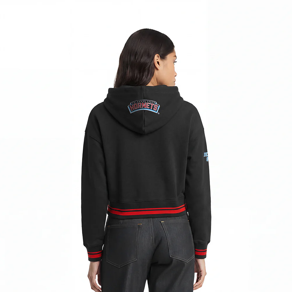COLLEGE DELAWARE STATE UNIVERSITY CLASSIC WOMEN'S RIB FLC CROPPED PO HOODI (BLACK/RED/BLACK) - Image 2