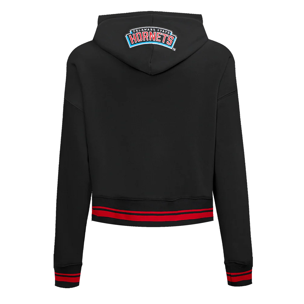 COLLEGE DELAWARE STATE UNIVERSITY CLASSIC WOMEN'S RIB FLC CROPPED PO HOODI (BLACK/RED/BLACK) - Image 5