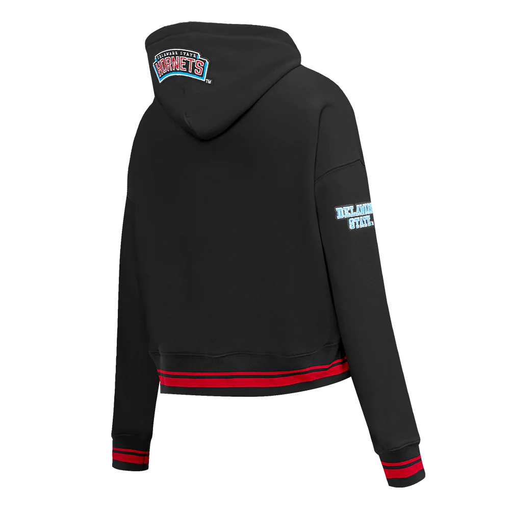 COLLEGE DELAWARE STATE UNIVERSITY CLASSIC WOMEN'S RIB FLC CROPPED PO HOODI (BLACK/RED/BLACK) - Image 6