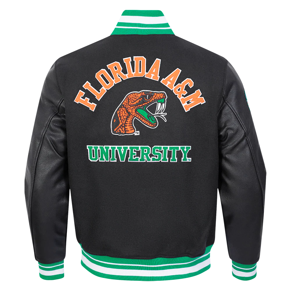 FLORIDA A&M UNIVERSITY CLASSIC RIB WOOL VARSITY JACKET (BLACK/GREEN) - Image 3