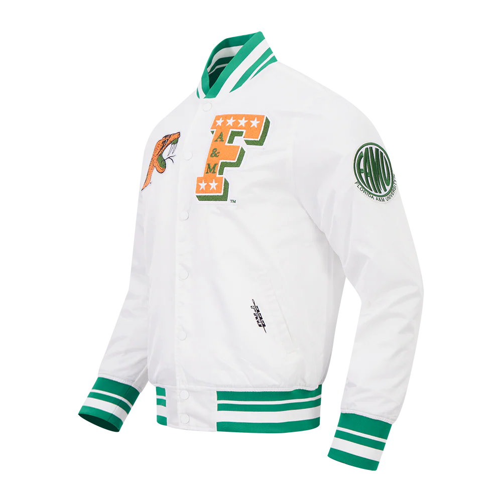 FLORIDA A&M UNIVERSITY CLASSIC RIB SATIN JACKET (WHITE/KELLY GREEN) - Image 3