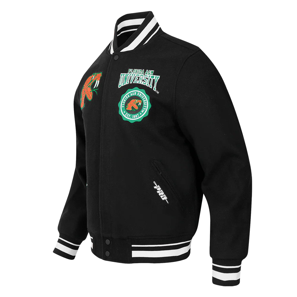 COLLEGE FLORIDA A&M UNIVERSITY CREST EMBLEM MEN'S RIB WOOL VARSITY JACKE (BLACK) - Image 2