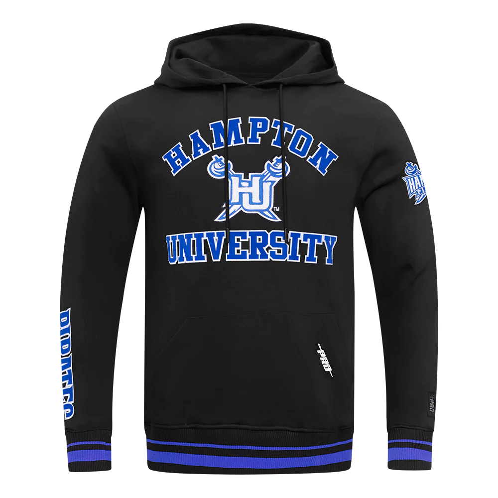 HAMPTON UNIVERSITY CLASSIC MEN'S STACKED LOGO FLC PO HOODIE (BLACK/ROYAL BLUE/BLACK)