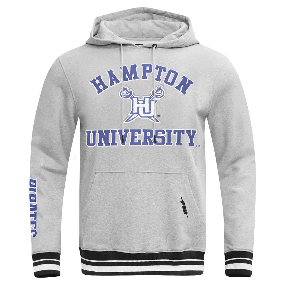 HAMPTON UNIVERSITY CLASSIC MEN'S STACKED LOGO FLEECE PULLOVER HOODIE (HEATHER GRAY/BLACK)