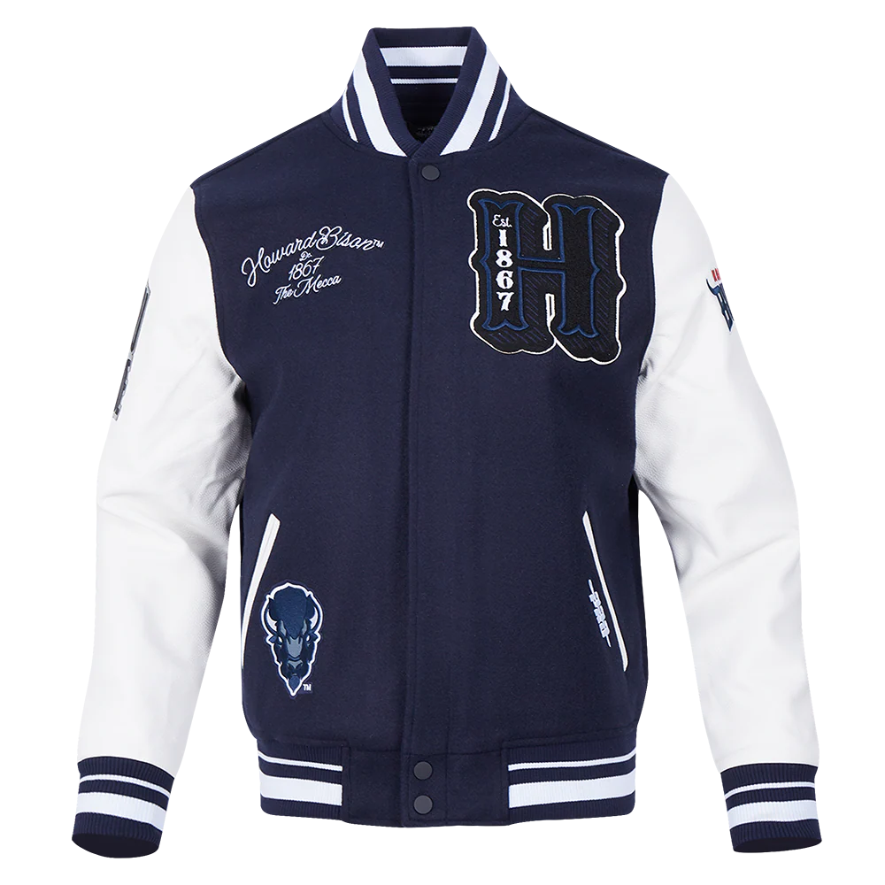 COLLEGE HOWARD UNIVERSITY VINTAGE VARSITY MEN'S RIB WOOL VARSITY JACKET (MIDNIGHT NAVY/WHITE)
