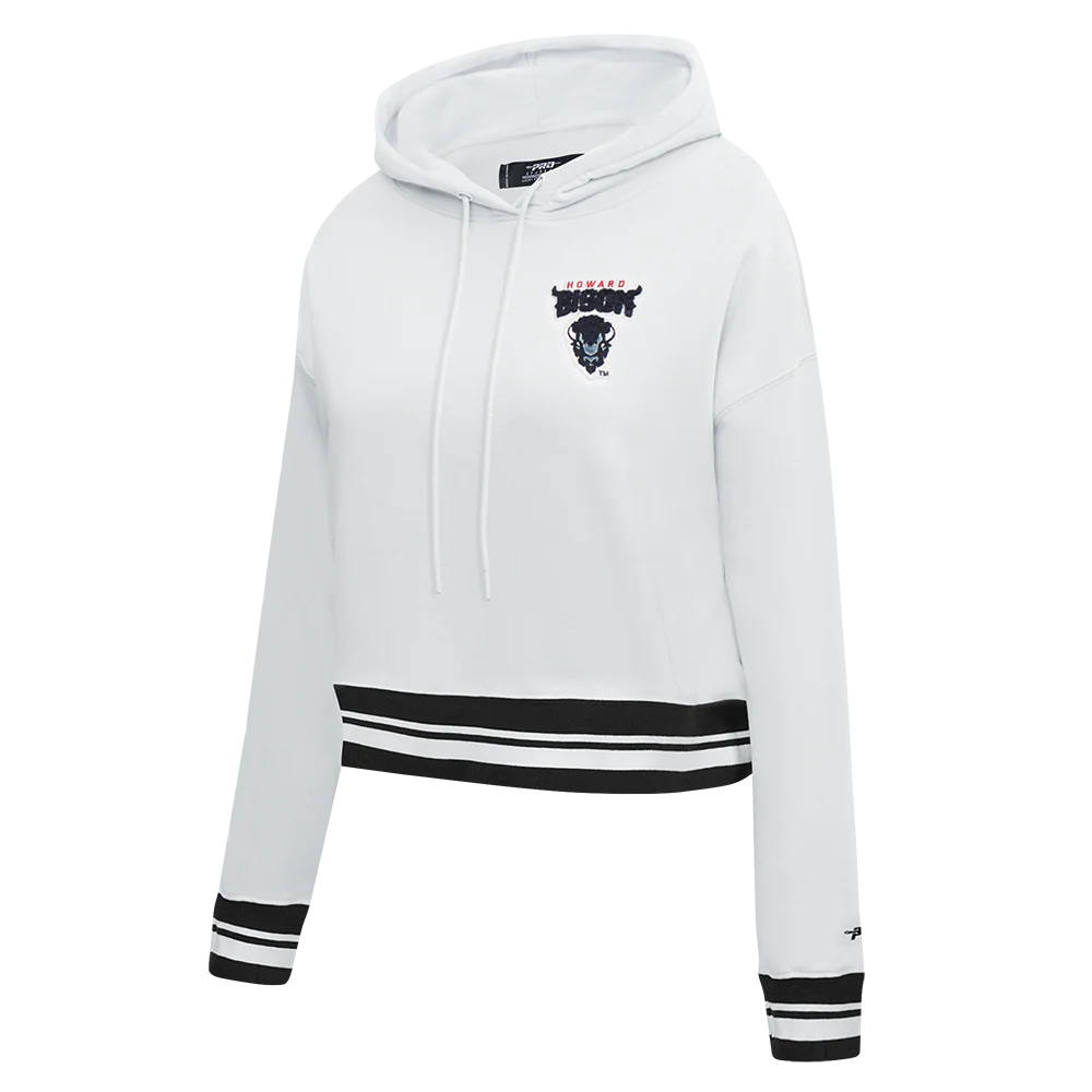 HOWARD UNIVERSITY CLASSIC RIB FLEECE CROPPED PULLOVER HOODIE (WHITE/BLACK) - Image 2