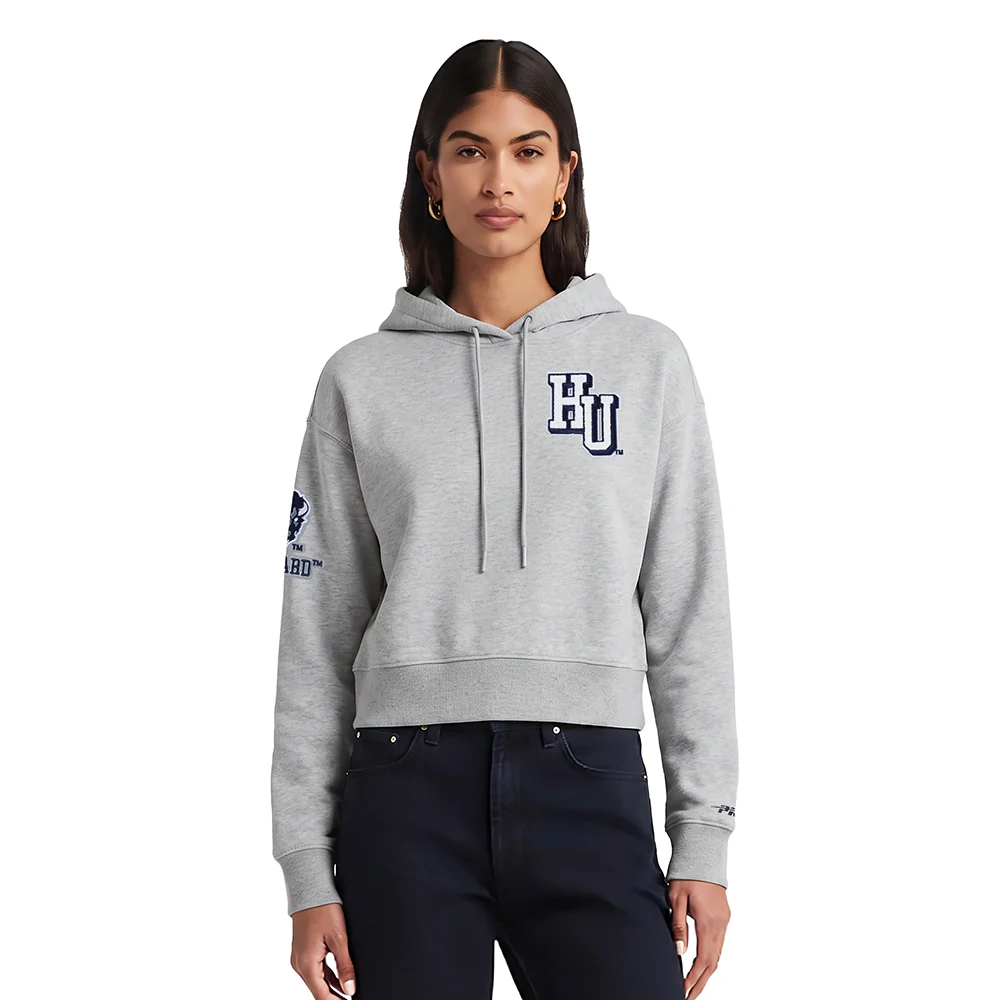 HOWARD UNIVERSITY CLASSIC WOMEN'S FLEECE CROPPED PULLOVER HOODIE (HEATHER GREY)