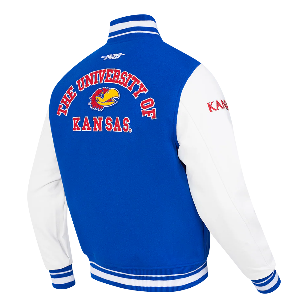 UNIVERSITY OF KANSAS CLASSIC MEN'S RIB WOOL VARSITY JACKET (ROYAL BLUE/WHITE) - Image 4