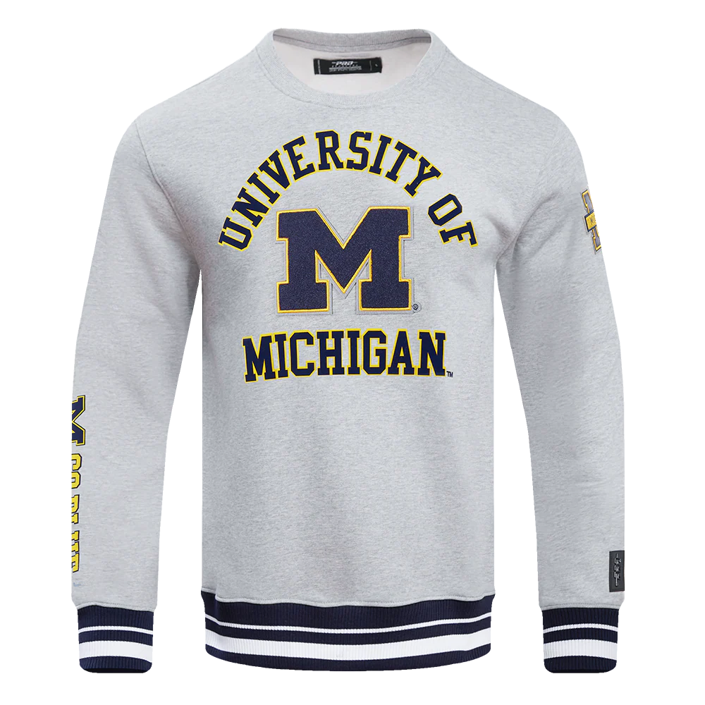UNIVERSITY OF MICHIGAN CLASSIC MEN'S STACKED LOGO CREWNECK (HEATHER GREY/MIDNIGHT NAVY)
