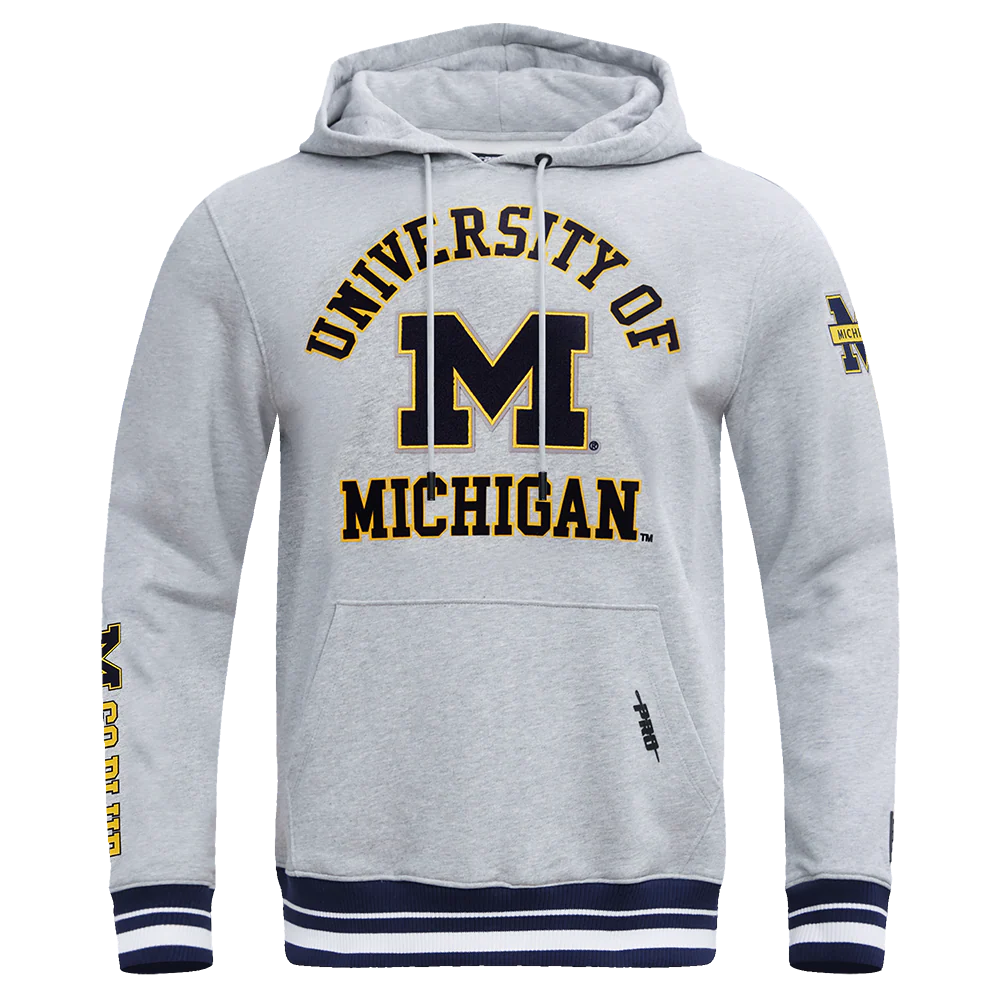 UNIVERSITY OF MICHIGAN CLASSIC MEN'S STACKED LOGO PULLOVER HOODIE (HEATHER GREY/MIDNIGHT NAVY)