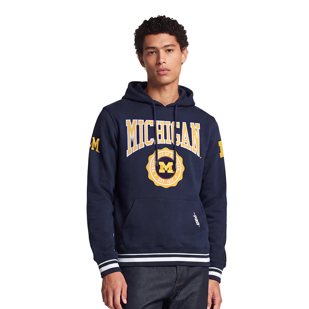 COLLEGE UNIVERSITY OF MICHIGAN CREST EMBLEM MEN'S RIB FLC PO HOODIE (MIDNIGHT NAVY)