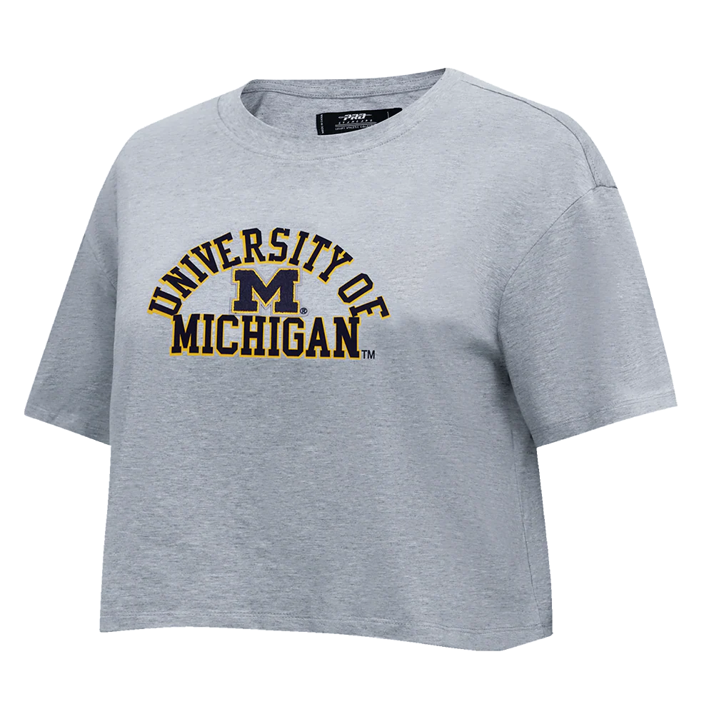 UNIVERSITY OF MICHIGAN CLASSIC WOMEN'S SINGLE JERSEY BOXY TEE (HEATHER GREY) - Image 2