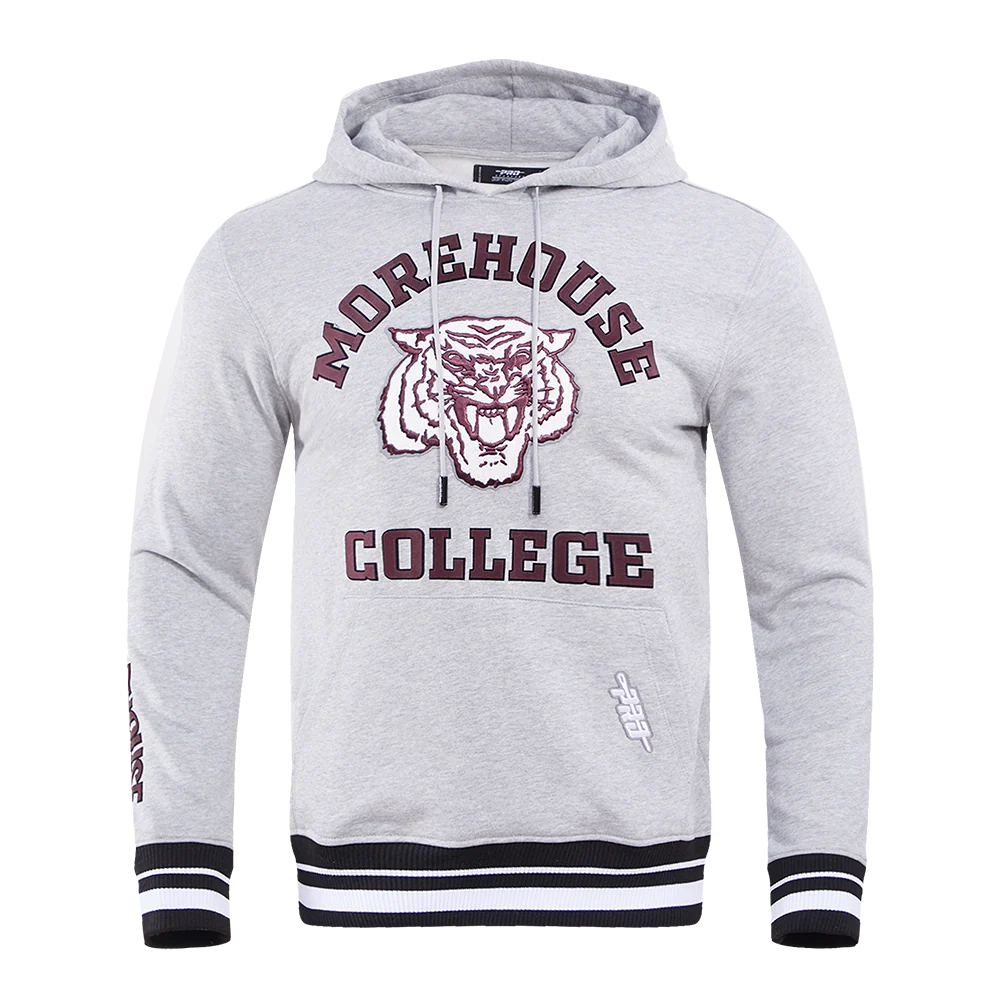 MOREHOUSE COLLEGE CLASSIC MEN'S STACKED LOGO PULLOVER HOODIE (HEATHER GRAY/BLACK)