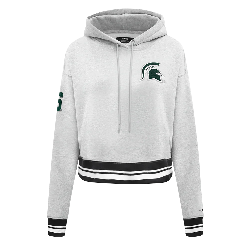 COLLEGE MICHIGAN STATE UNIVERSITY CLASSIC WOMEN'S FLC RIB CROPPED PO HOODIE (HEATHER GRAY/BLACK)