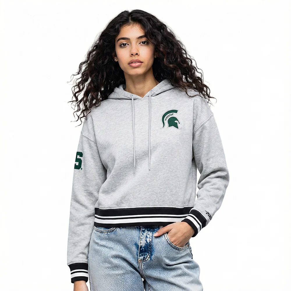COLLEGE MICHIGAN STATE UNIVERSITY CLASSIC WOMEN'S FLC RIB CROPPED PO HOODIE (HEATHER GRAY/BLACK) - Image 2