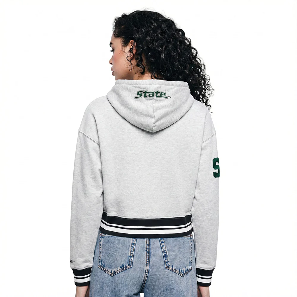 COLLEGE MICHIGAN STATE UNIVERSITY CLASSIC WOMEN'S FLC RIB CROPPED PO HOODIE (HEATHER GRAY/BLACK) - Image 3