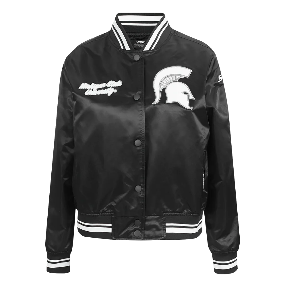 COLLEGE MICHIGAN STATE UNIVERSITY CLASSIC WOMEN'S RIB SATIN JACKET (BLACK)