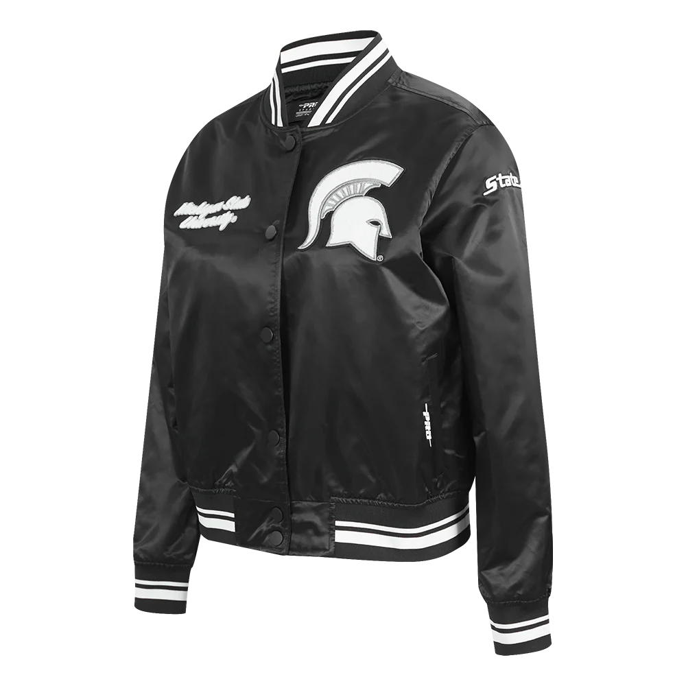 COLLEGE MICHIGAN STATE UNIVERSITY CLASSIC WOMEN'S RIB SATIN JACKET (BLACK) - Image 2