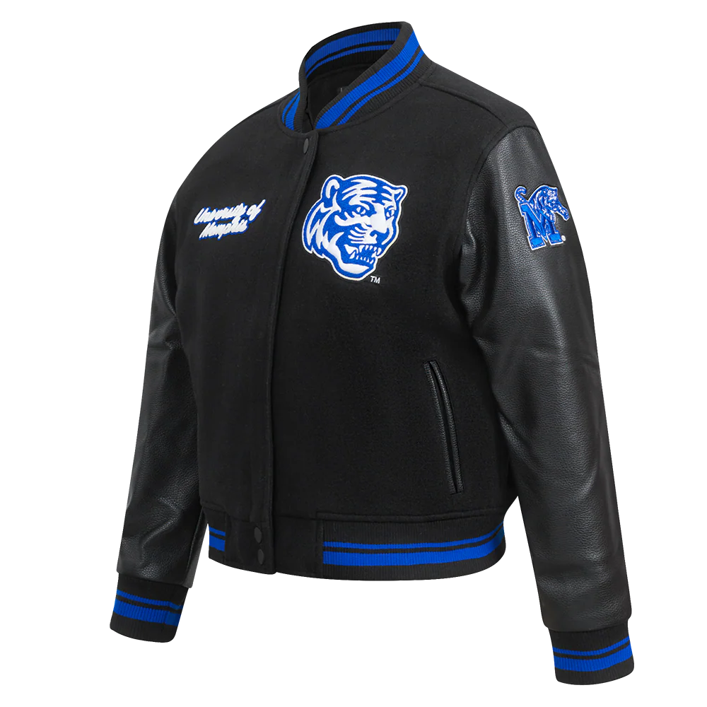 UNIVERSITY OF MEMPHIS CLASSIC WOMEN'S RIB WOOL VARSITY JACKET (BLACK/ROYAL BLUE/BLACK) - Image 2