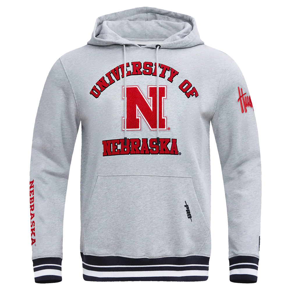 UNIVERSITY OF NEBRASKA CLASSIC MEN'S STACKED LOGO PULLOVER HOODIE (HEATHER GRAY/BLACK)