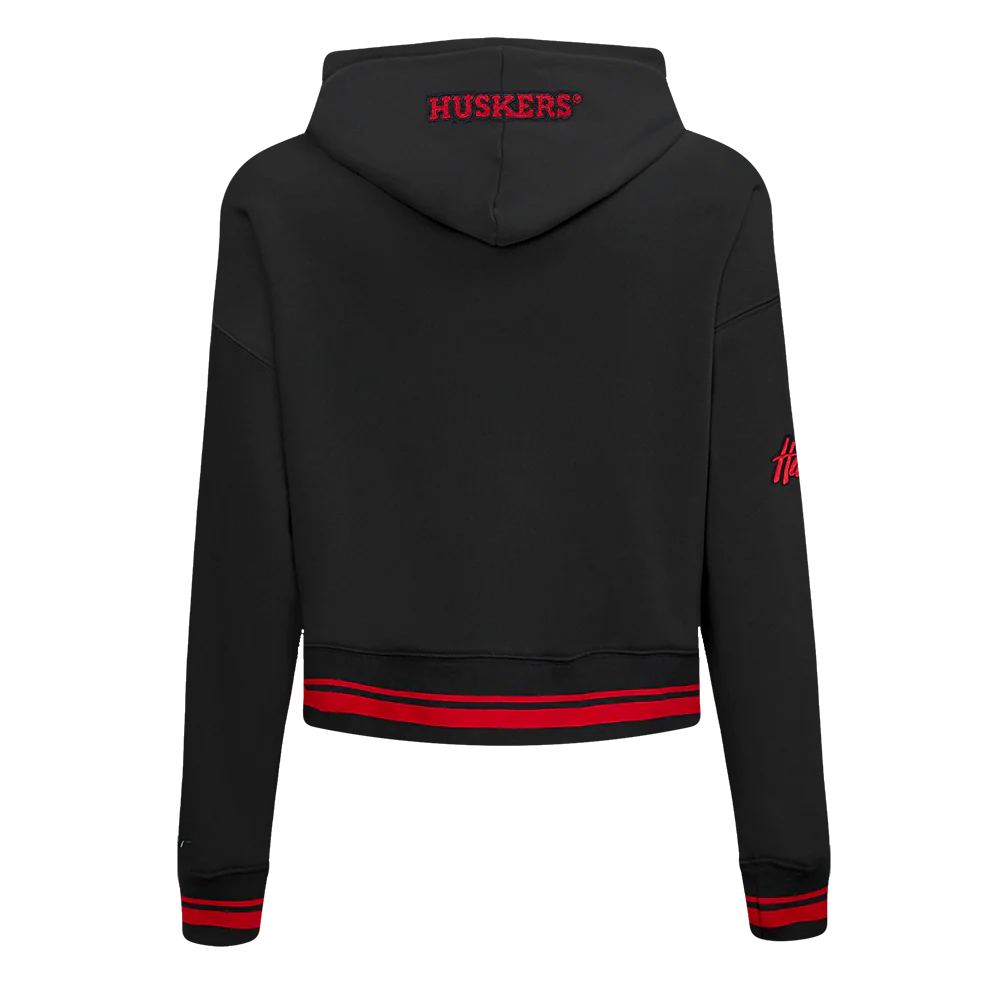 UNIVERSITY OF NEBRASKA CLASSIC WOMEN'S RIB FLEECE CROPPED PULLOVER HOODIE (BLACK/RED) - Image 3