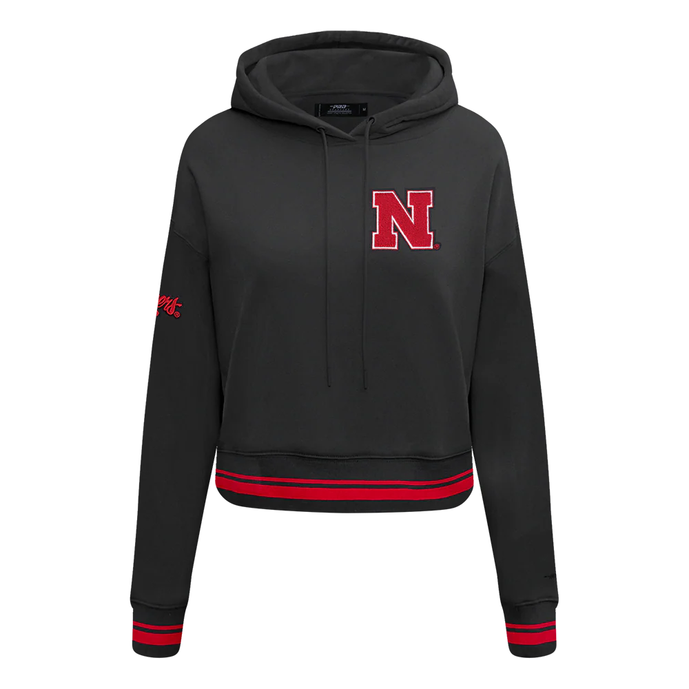 UNIVERSITY OF NEBRASKA CLASSIC WOMEN'S RIB FLEECE CROPPED PULLOVER HOODIE (BLACK/RED) - Image 8
