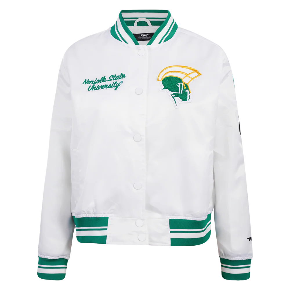 COLLEGE NORFOLK STATE UNIVERSITY CLASSIC WOMEN'S RIB SATIN JACKET (WHITE/GREEN)
