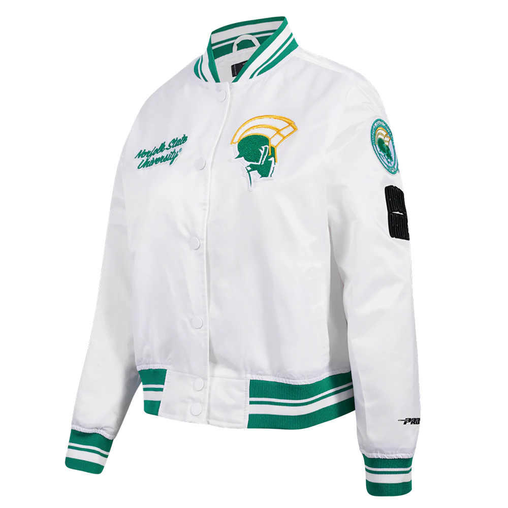 COLLEGE NORFOLK STATE UNIVERSITY CLASSIC WOMEN'S RIB SATIN JACKET (WHITE/GREEN) - Image 2