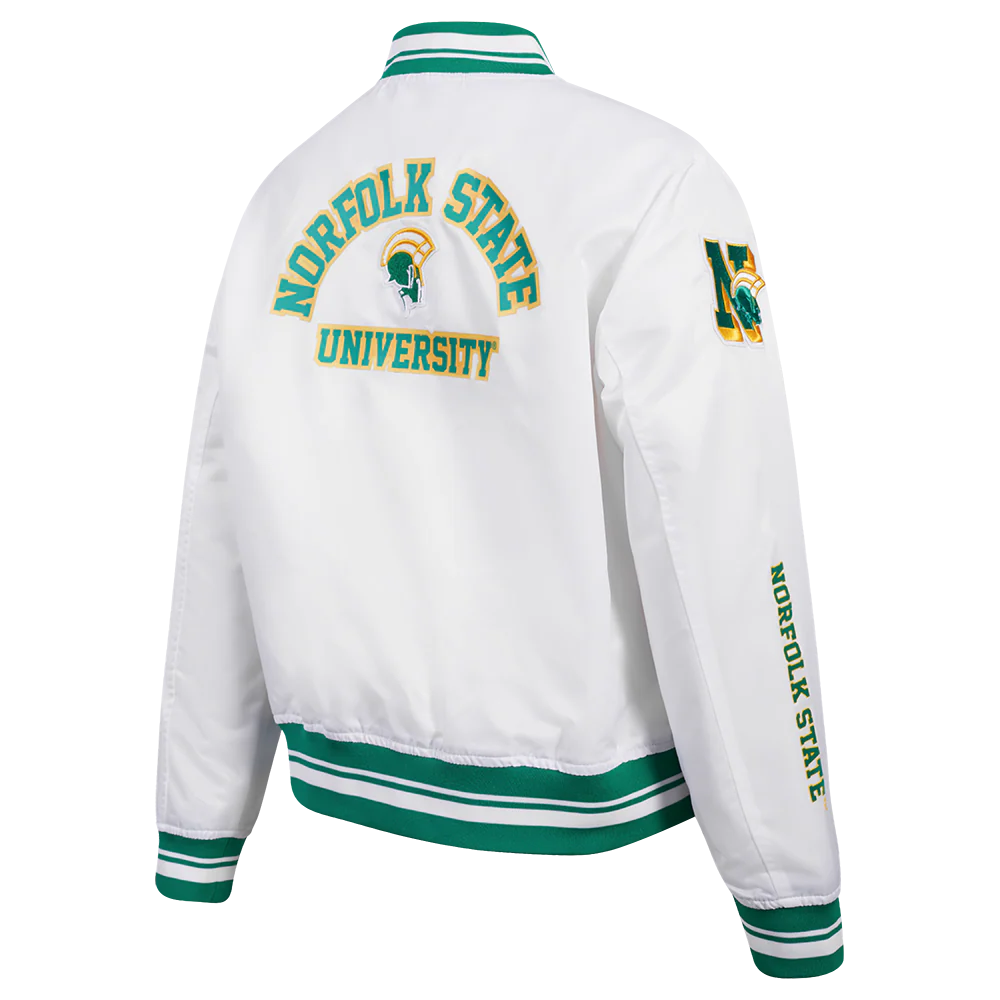 COLLEGE NORFOLK STATE UNIVERSITY CLASSIC WOMEN'S RIB SATIN JACKET (WHITE/GREEN) - Image 3