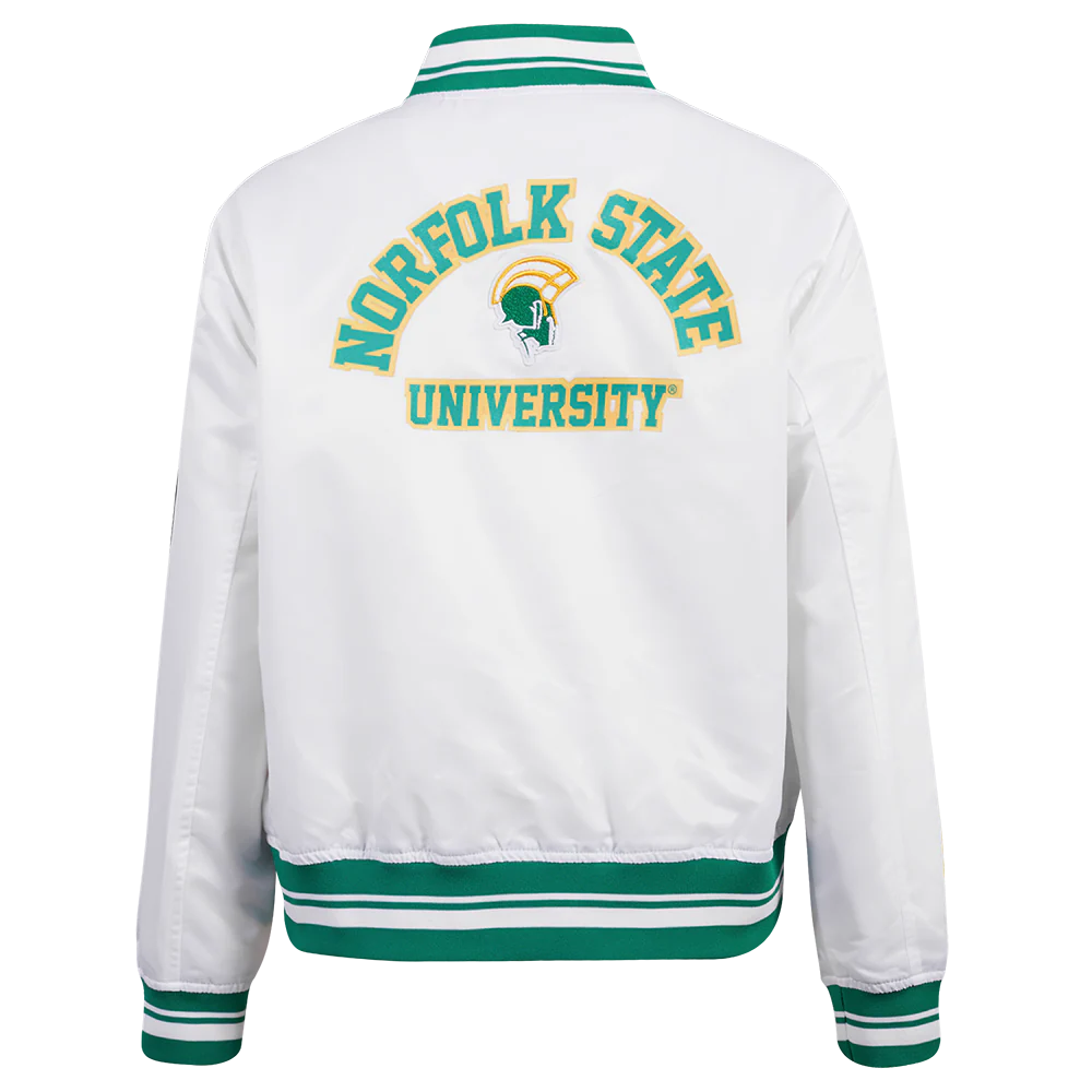 COLLEGE NORFOLK STATE UNIVERSITY CLASSIC WOMEN'S RIB SATIN JACKET (WHITE/GREEN) - Image 4