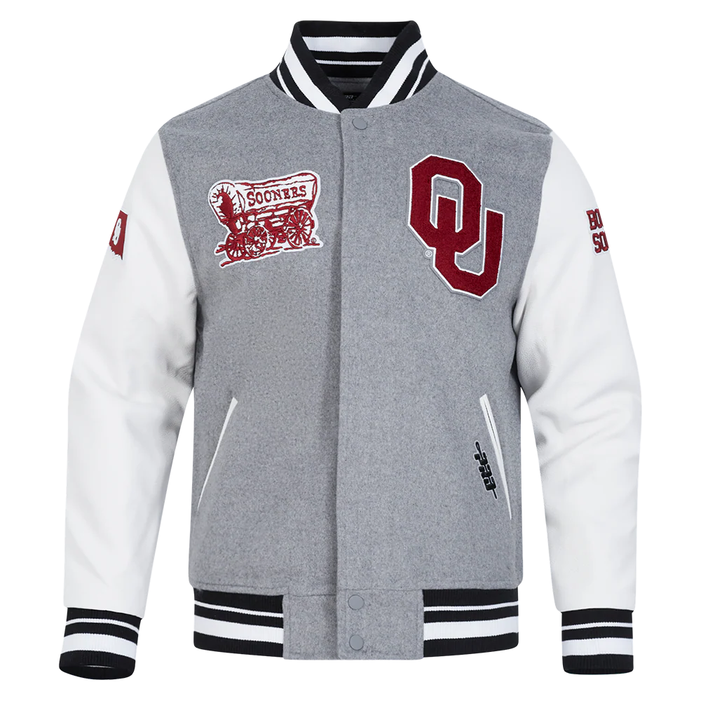 UNIVERSITY OF OKLAHOMA CLASSIC RIB WOOL VARSITY JACKET (HEATHER GREY/WHITE/BLACK) - Image 10