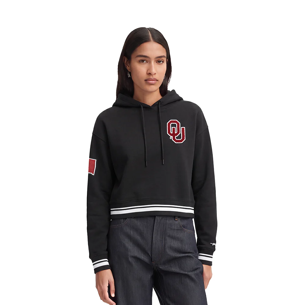 COLLEGE THE UNIVERSITY OF OKLAHOMA CLASSIC WOMEN'S RIB FLC CROPPED PO HOODIE (BLACK)