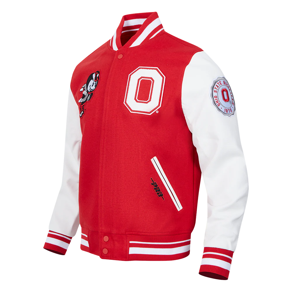 OHIO STATE UNIVERSITY CLASSIC MEN'S RIB WOOL VARSITY JACKET (RED/WHITE) - Image 2