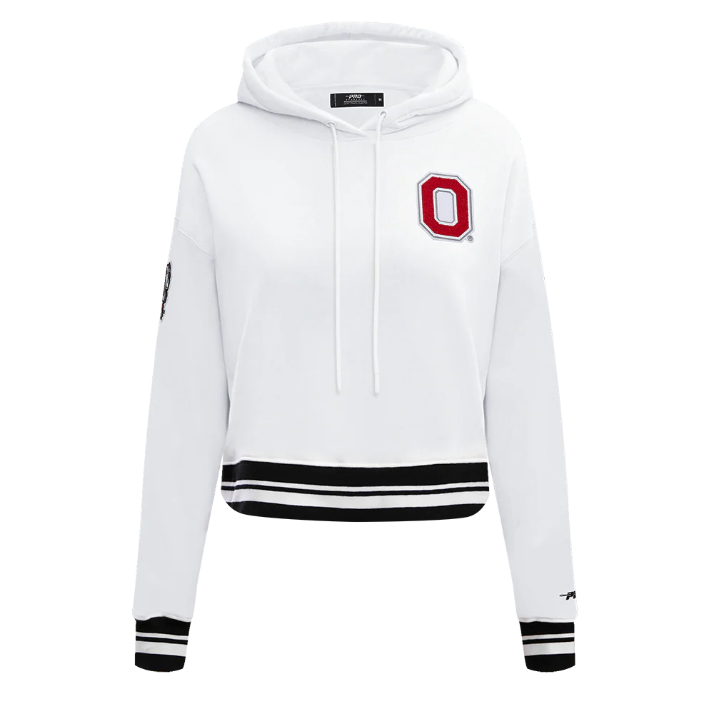 OHIO STATE UNIVERSITY CLASSIC WOMEN'S RIB CROPPED PULLOVER HOODIE (WHITE/BLACK)