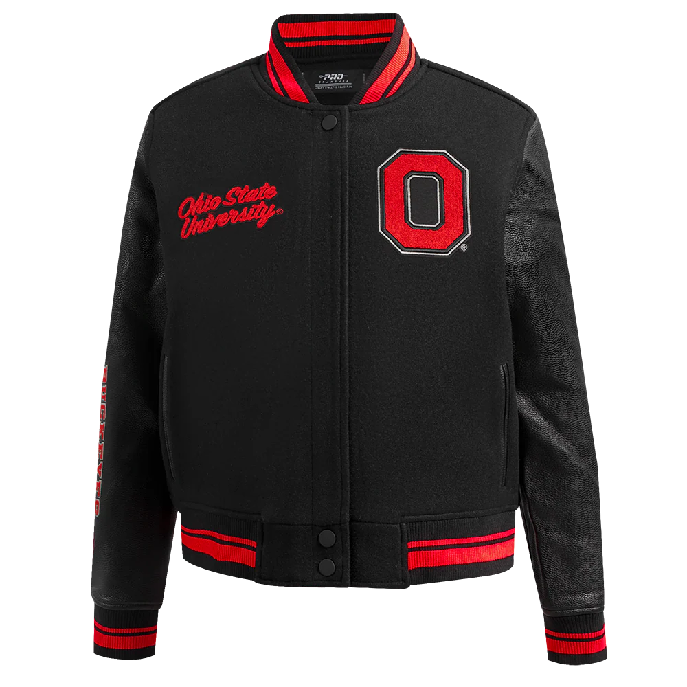 OHIO STATE UNIVERSITY CLASSIC WOMEN'S RIB WOOL VARSITY JACKET (BLACK/RED/BLACK)