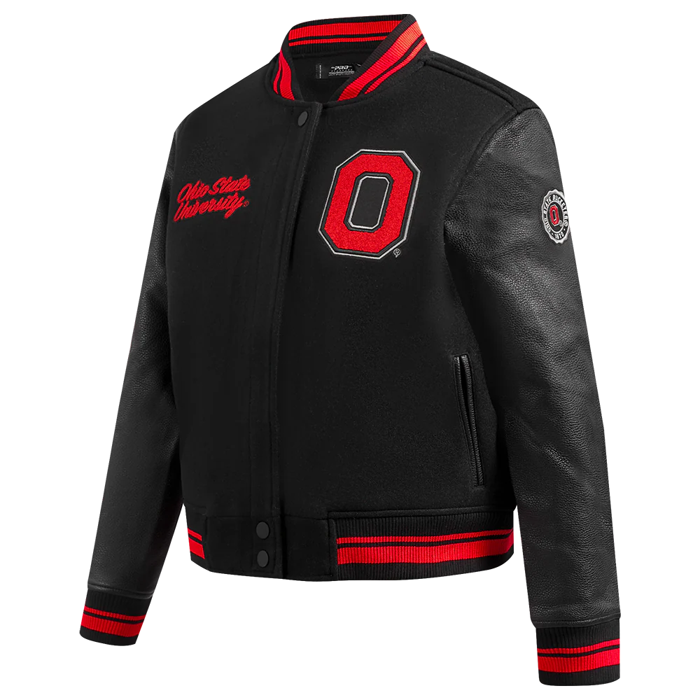 OHIO STATE UNIVERSITY CLASSIC WOMEN'S RIB WOOL VARSITY JACKET (BLACK/RED/BLACK) - Image 2