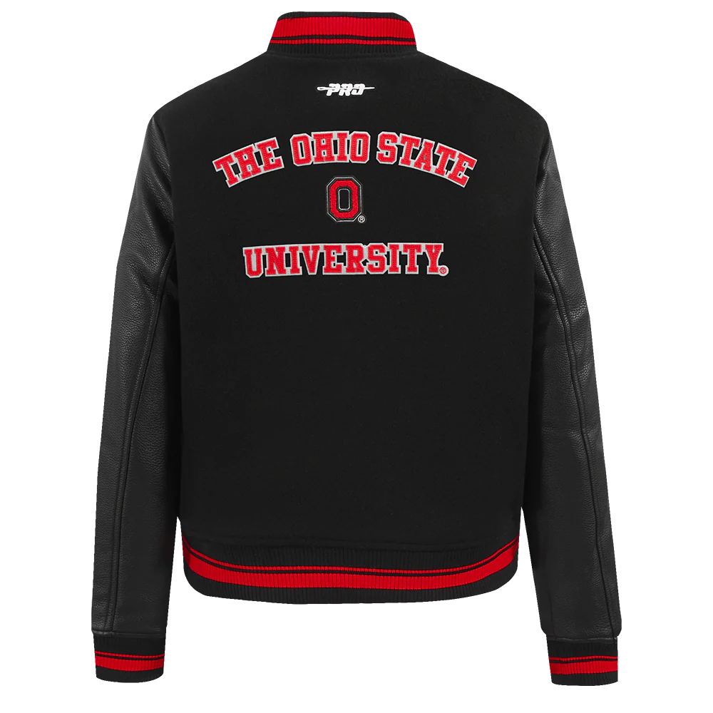 OHIO STATE UNIVERSITY CLASSIC WOMEN'S RIB WOOL VARSITY JACKET (BLACK/RED/BLACK) - Image 3