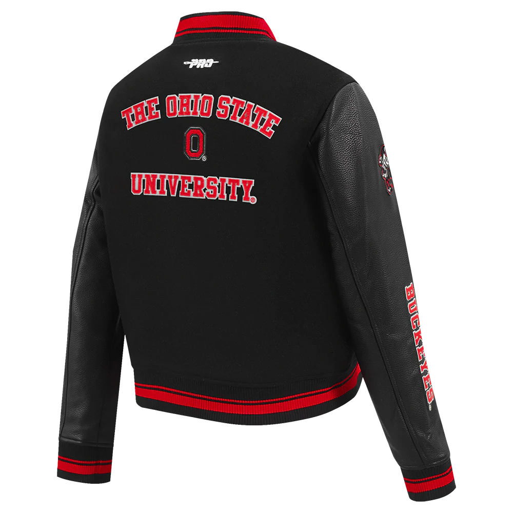 OHIO STATE UNIVERSITY CLASSIC WOMEN'S RIB WOOL VARSITY JACKET (BLACK/RED/BLACK) - Image 4